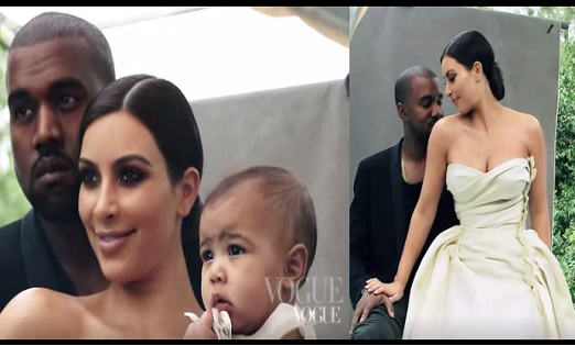 VIDEO \u2013 Kim Kardashian dévoile sa robe de mariée dans un clip pour Vogue avec Kanye West et North!